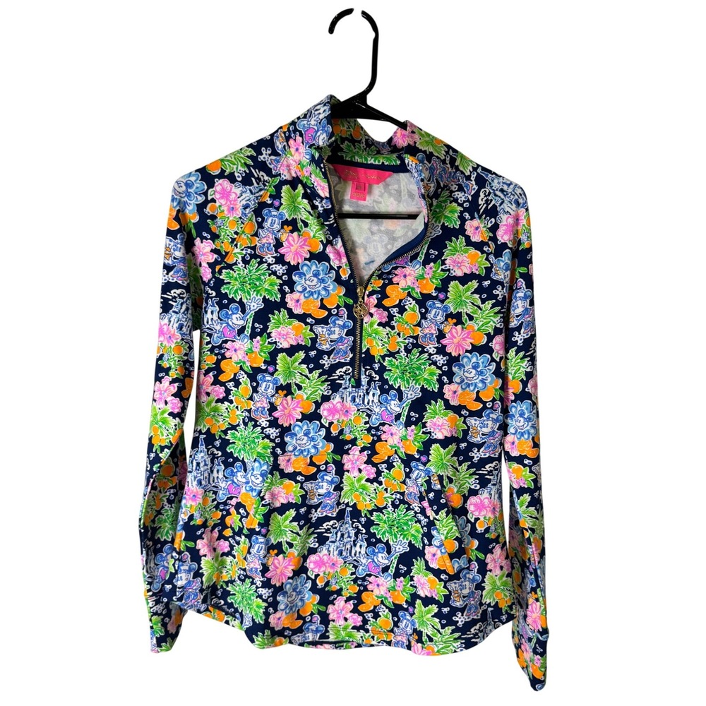 Lilly Pulitzer Disney Parks Mickey Mouse Floral Quarter Zip Pullover XS Navy